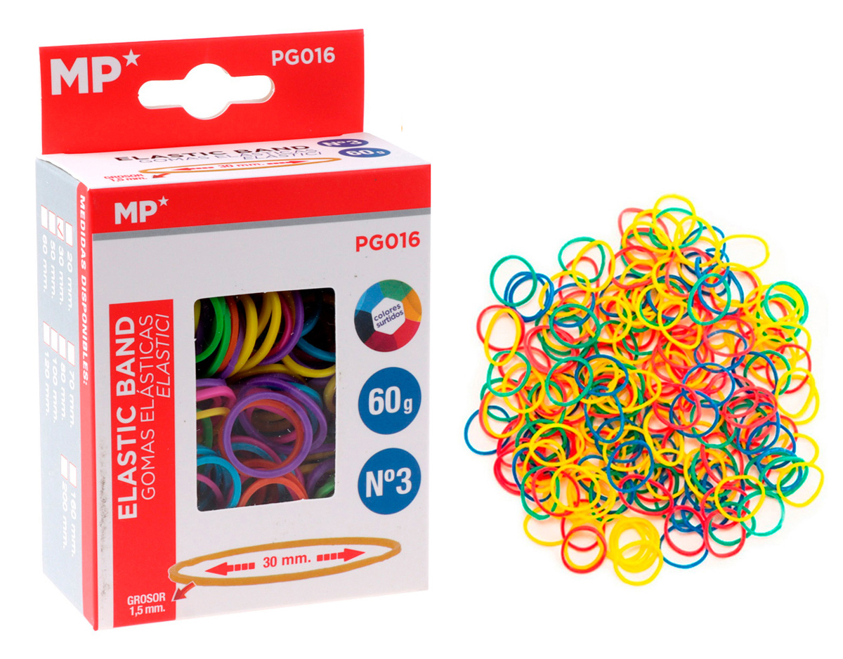 MP λαστιχάκια συσκευασίας PG016, No3, 1.5x30mm, 60g, χρωματιστά 1 MP λαστιχάκια συσκευασίας PG016