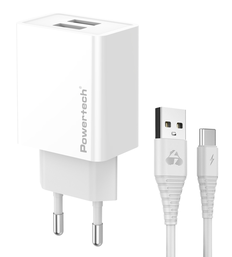 POWERTECH φορτιστής τοίχου PT-1324 με καλώδιο USB-C, 2x USB, 12W, λευκός 1 POWERTECH φορτιστής τοίχου PT-1324 με καλώδιο USB-C