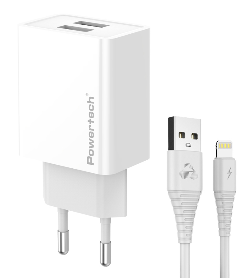 POWERTECH φορτιστής τοίχου PT-1325 με καλώδιο Lightning, 2x USB, 12W, λευκός 1 POWERTECH φορτιστής τοίχου PT-1325 με καλώδιο Lightning