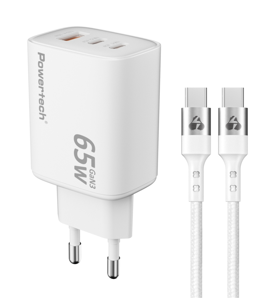 POWERTECH φορτιστής τοίχου PT-1415 με καλώδιο, USB/2x USB-C, 65W, GaN, λευκός 1 POWERTECH φορτιστής τοίχου PT-1415 με καλώδιο