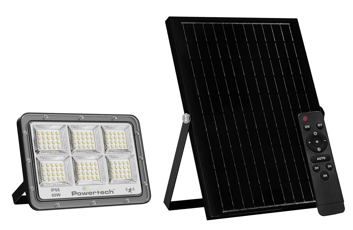 POWERTECH LED ηλιακός προβολέας PT-1456 με τηλεχειριστήριο, αισθητήρας κίνησης, 60W, 4000K, 750lm, IP66 1 POWERTECH LED ηλιακός προβολέας PT-1456 με τηλεχειριστήριο