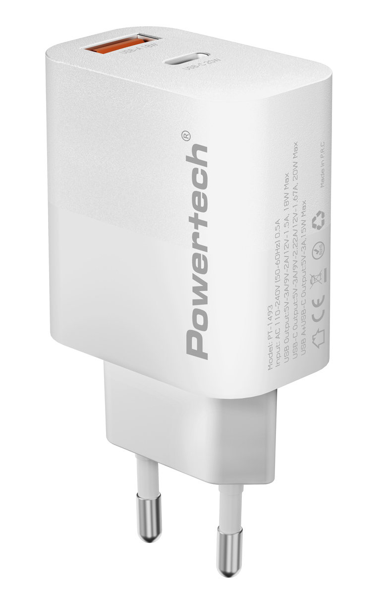 POWERTECH φορτιστής τοίχου PT-1493, USB/USB-C, 20W, λευκός 1 POWERTECH φορτιστής τοίχου PT-1493