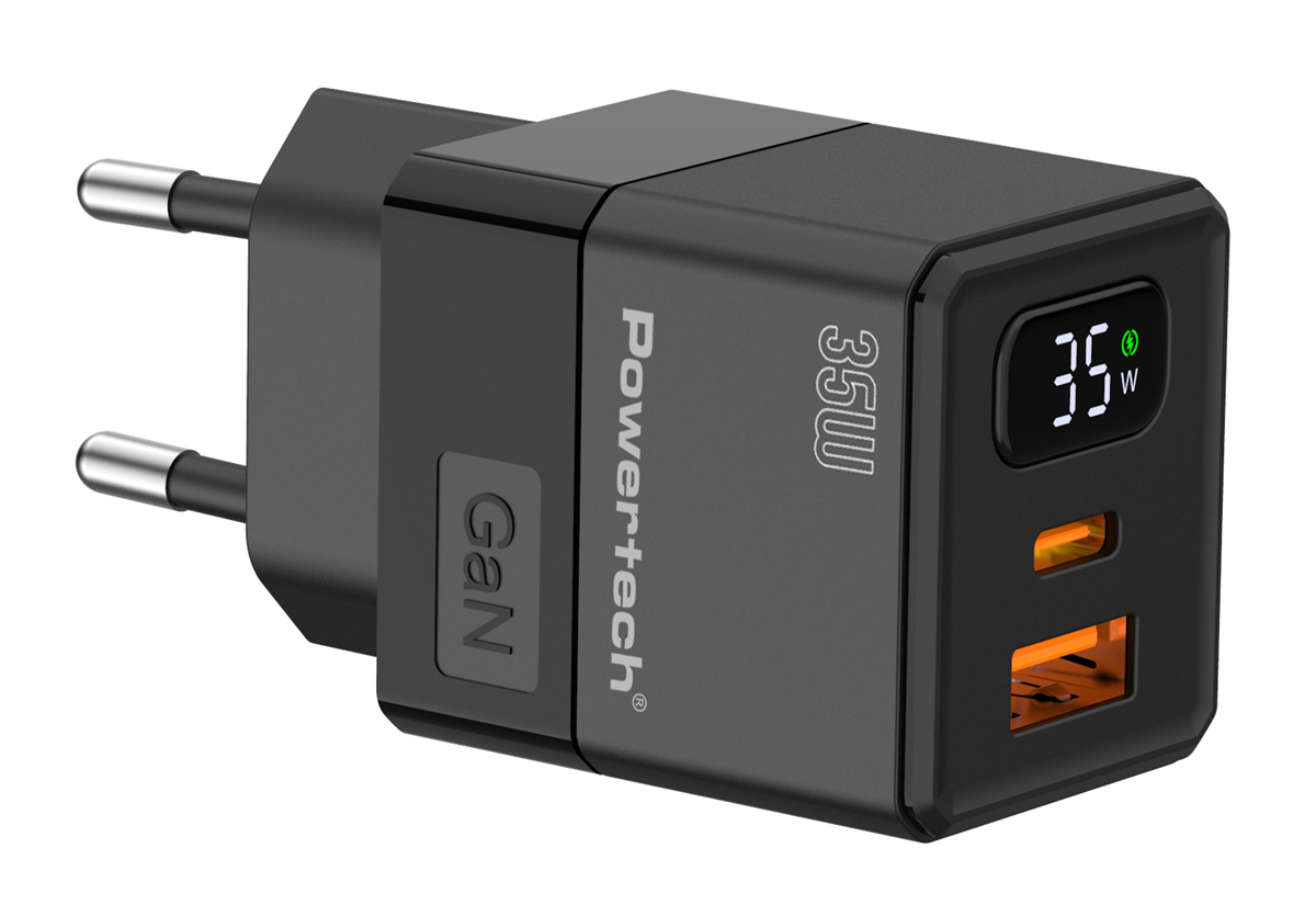 POWERTECH φορτιστής τοίχου PT-1499 με οθόνη, USB/USB-C, 35W, GaN, μαύρος 1 POWERTECH φορτιστής τοίχου PT-1499 με οθόνη