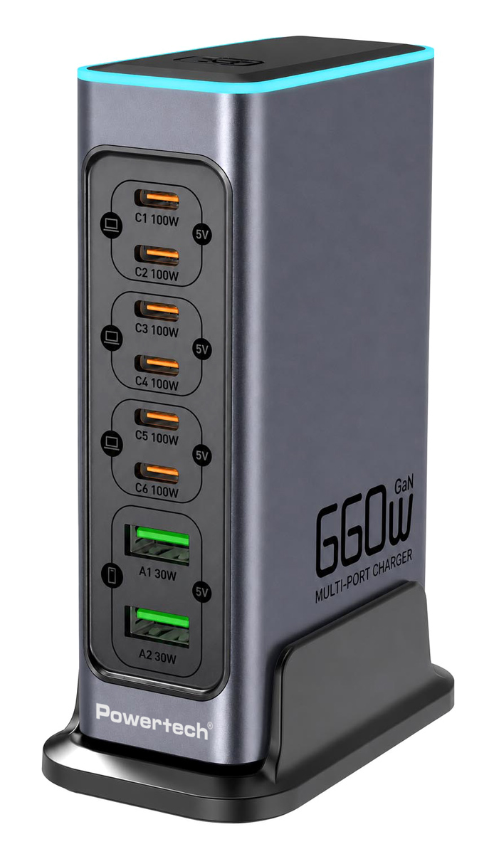 POWERTECH σταθμός φόρτισης PT-1621, 2x USB & 6x USB-C, GaN, 140W, γκρι 1 POWERTECH σταθμός φόρτισης PT-1621