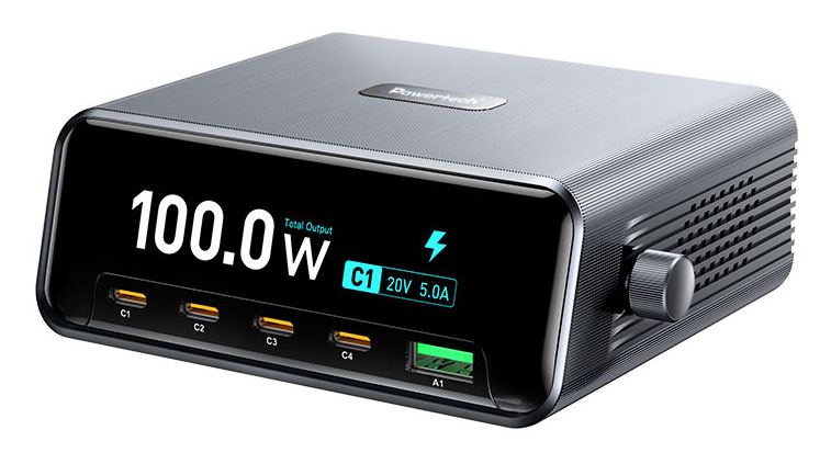 POWERTECH σταθμός φόρτισης PT-1622 με οθόνη, USB & 4x USB-C, GaN, 100W, ασημί 1 POWERTECH σταθμός φόρτισης PT-1622 με οθόνη