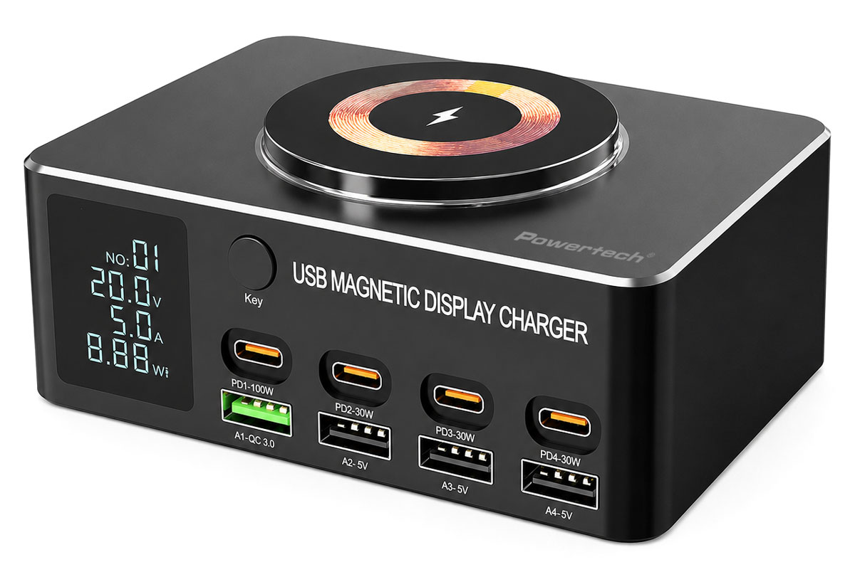 POWERTECH σταθμός φόρτισης PT-1625 με οθόνη, 4x USB/4x USB-C/wireless, 140W, μαύρος 1 POWERTECH σταθμός φόρτισης PT-1625 με οθόνη