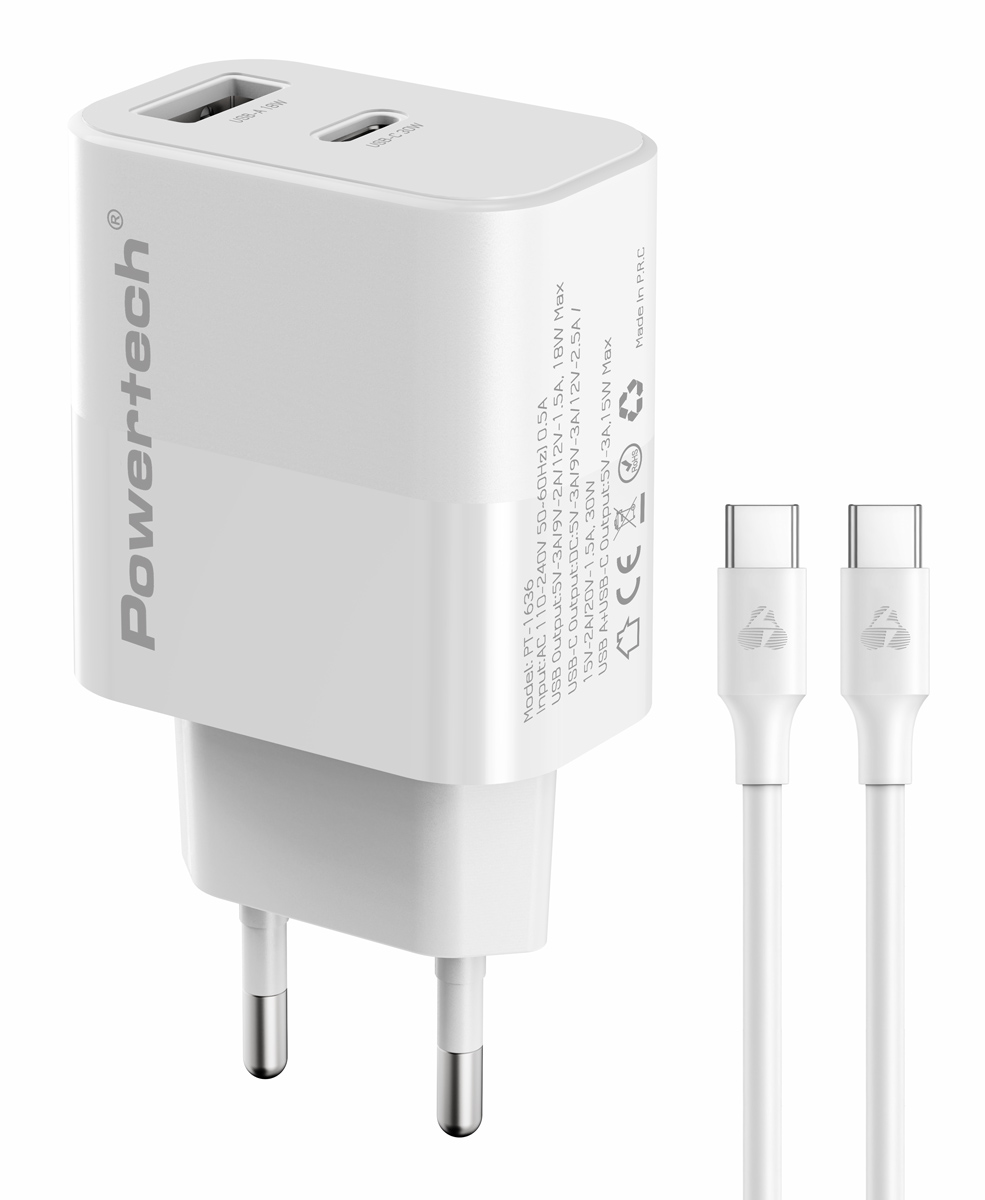 POWERTECH φορτιστής τοίχου PT-1636 με καλώδιο, USB/USB-C, 30W, GaN, λευκός 1 POWERTECH φορτιστής τοίχου PT-1636 με καλώδιο