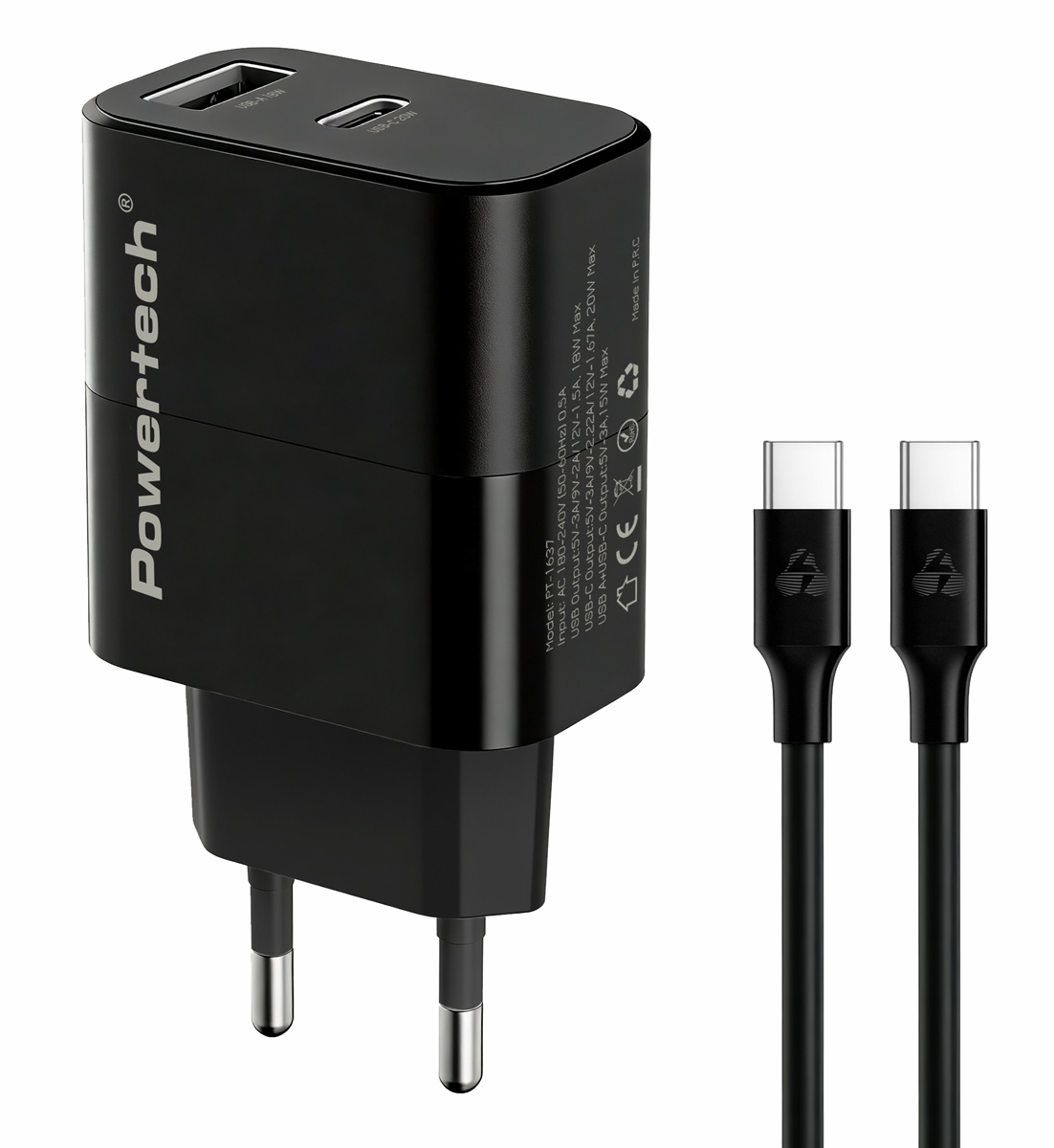POWERTECH φορτιστής τοίχου PT-1637 με καλώδιο, USB/USB-C, 20W, μαύρος 1 POWERTECH φορτιστής τοίχου PT-1637 με καλώδιο