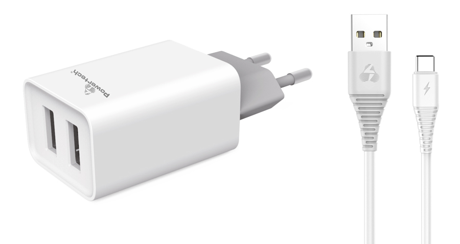 POWERTECH φορτιστής τοίχου PT-776 με καλώδιο USB-C, 2x USB, 2.1A, λευκό 1 POWERTECH φορτιστής τοίχου PT-776 με καλώδιο USB-C