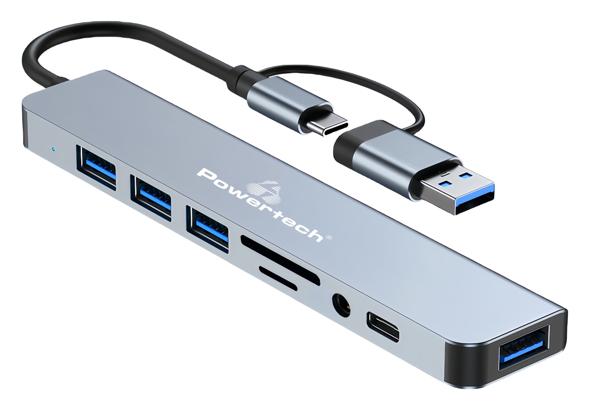 POWERTECH USB hub PTR-0151 με card reader, 8 θυρών, USB & USB-C, γκρι 1 POWERTECH USB hub PTR-0151 με card reader