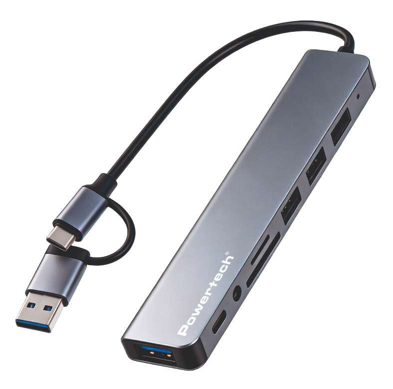 POWERTECH USB hub PTR-0205 με card reader, 8 θυρών, USB & USB-C σύνδεση, γκρι 1 POWERTECH USB hub PTR-0205 με card reader
