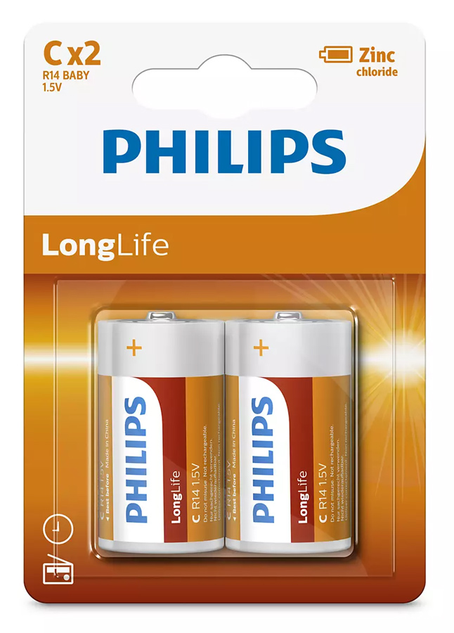PHILIPS LongLife Zinc chloride μπαταρίες R14L2B/10, R14 1.5V, 2τμχ 1 PHILIPS LongLife Zinc chloride μπαταρίες R14L2B/10