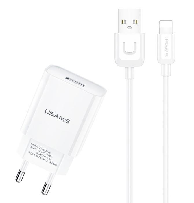 USAMS φορτιστής τοίχου T21OCLN01 με καλώδιο Lightning, USB 2.1A, λευκός 1 USAMS φορτιστής τοίχου T21OCLN01 με καλώδιο Lightning