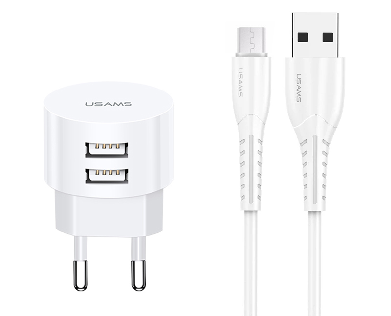 USAMS φορτιστής τοίχου T20 & καλώδιο Micro USB, 2x USB, 2.1A, λευκός 1 USAMS φορτιστής τοίχου T20 & καλώδιο Micro USB